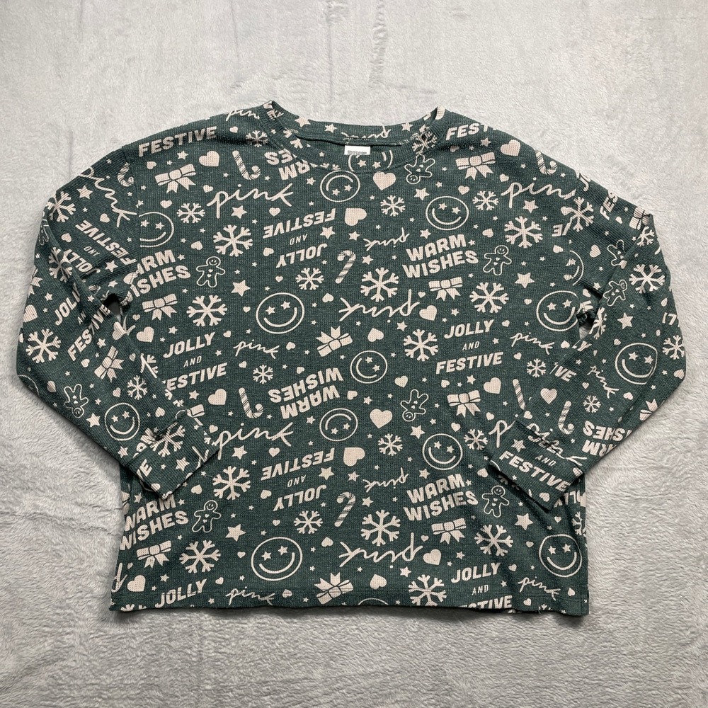PINK Victoria's Secret Sleep Top Women Medium Green Holiday Thermal Waffle Knit